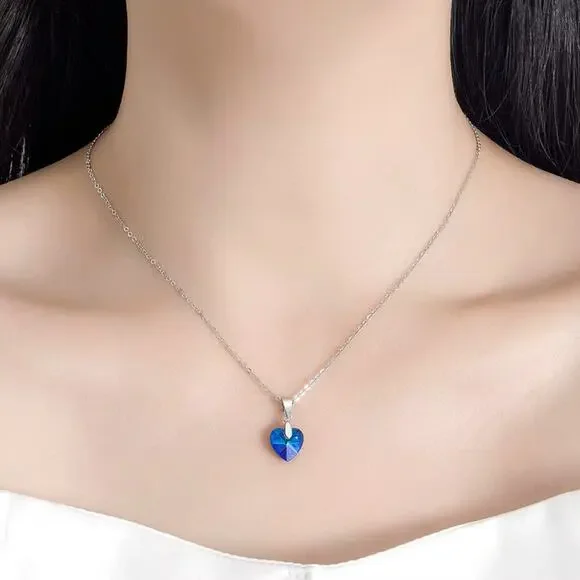 925 Sterling Silver Blue Crystal Heart Necklace & Earring Set Elegant Wedding - Picture 4 of 5